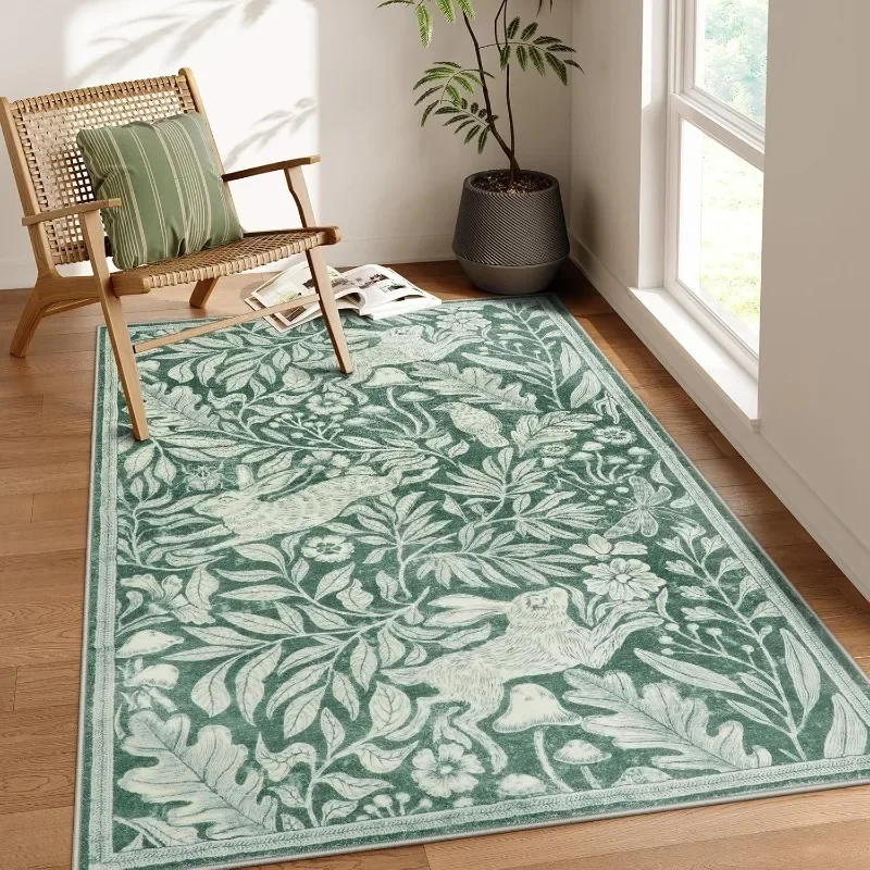 Living Room Carpet Soft Washable Rugs for Dining Room Vintage Print Green Bedroom Carpets Stain Resistant Coffee Table Floor Mat