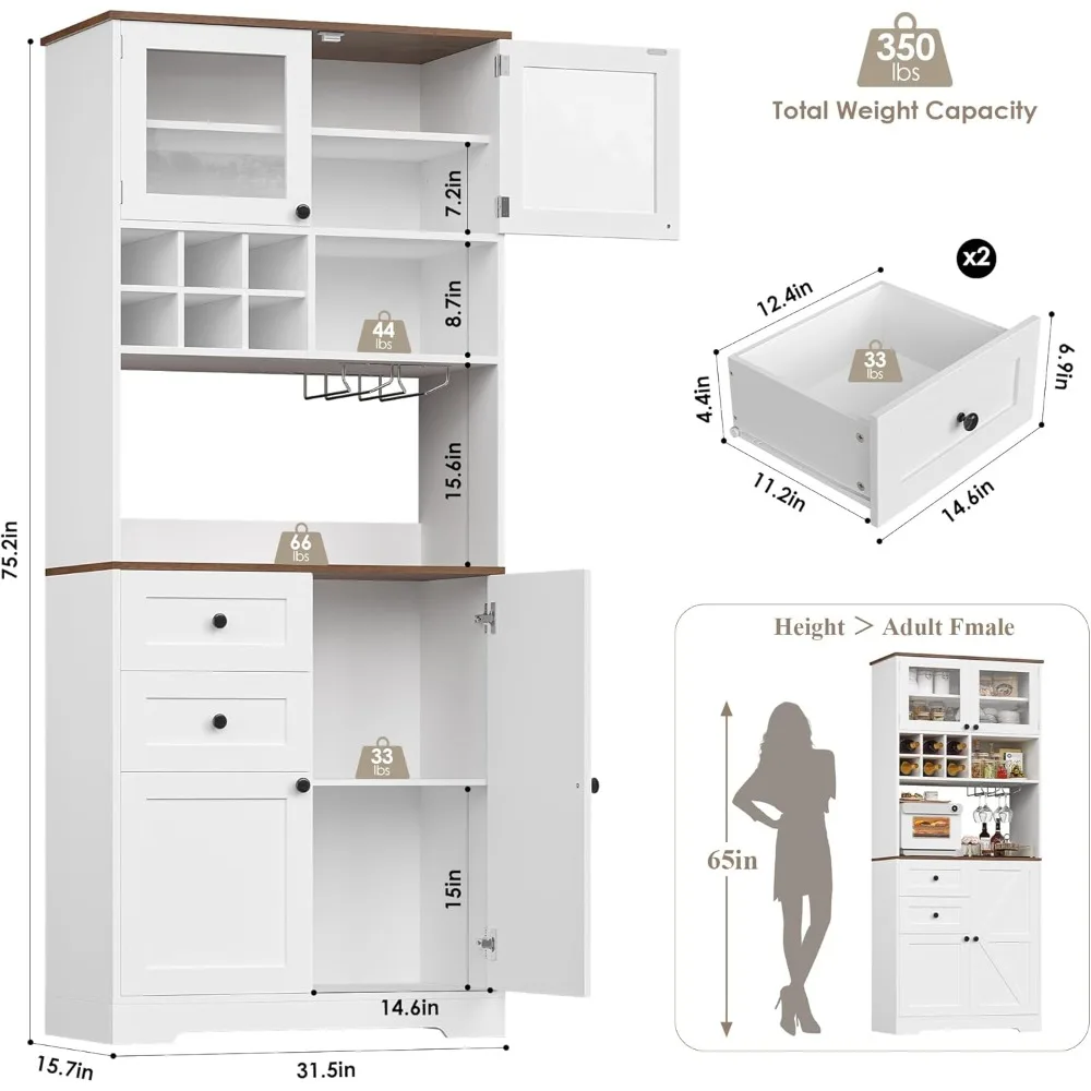 خزانة بار القهوة بطول 75 بوصة مع خزانة، وخزانة تخزين مخزن المطبخ مع باب الحظيرة ودرجين، ورف النبيذ والنظارات، #2