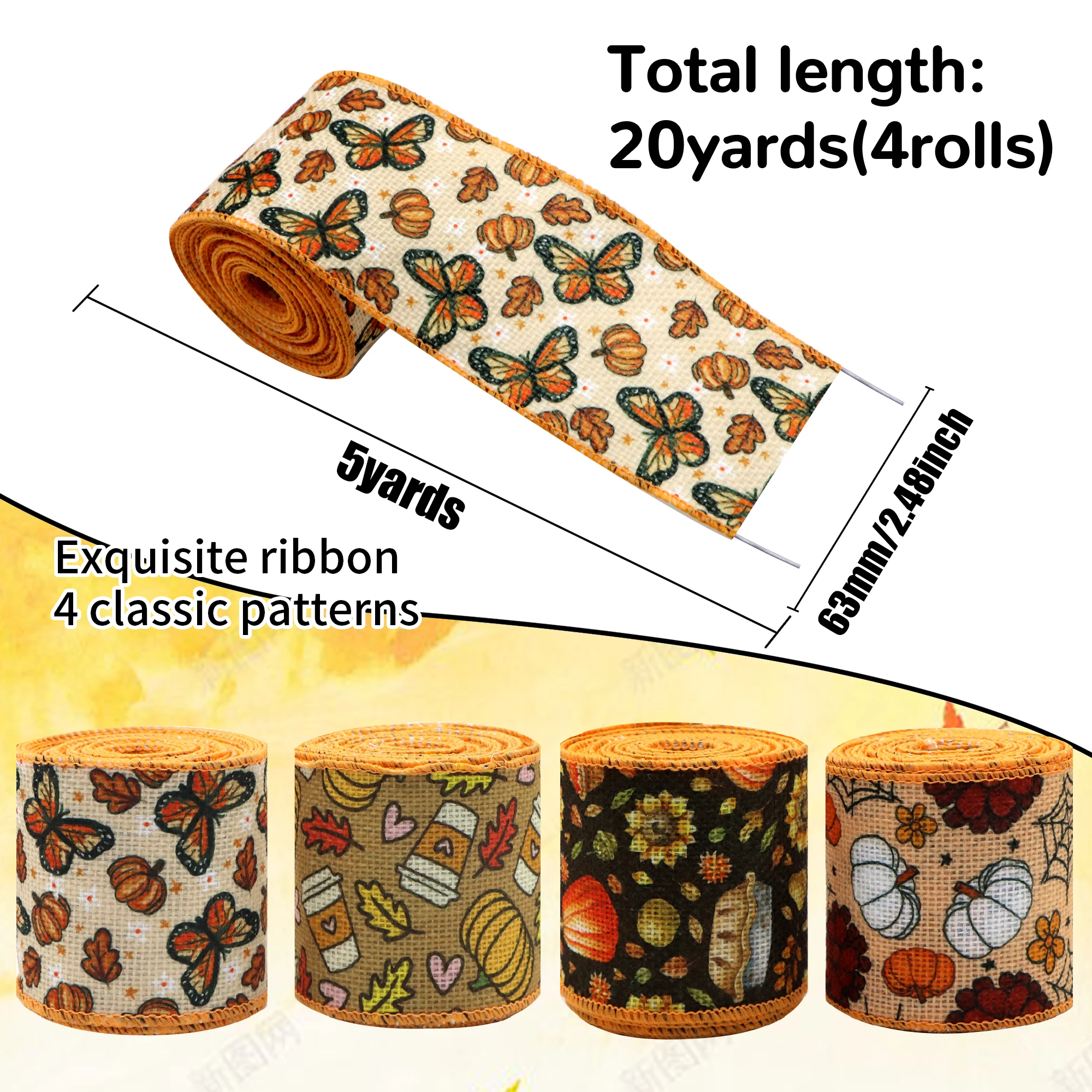 2.5 Inch X 5 Yards/roll Christmas Autumn Pattern Printed Decorative Linen Wire Edge Ribbon Home Decoration For DIY Gift