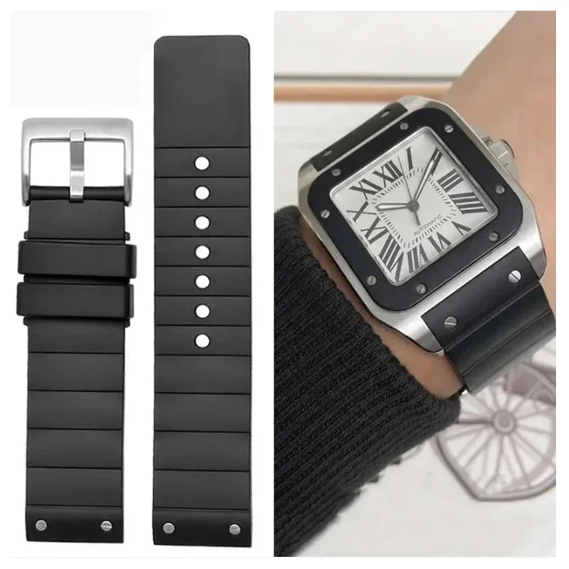 High quality rubber Watchband For Cartier Santos 100 Watch Strap Men's Silicone accessories bracelet 23mm black bands