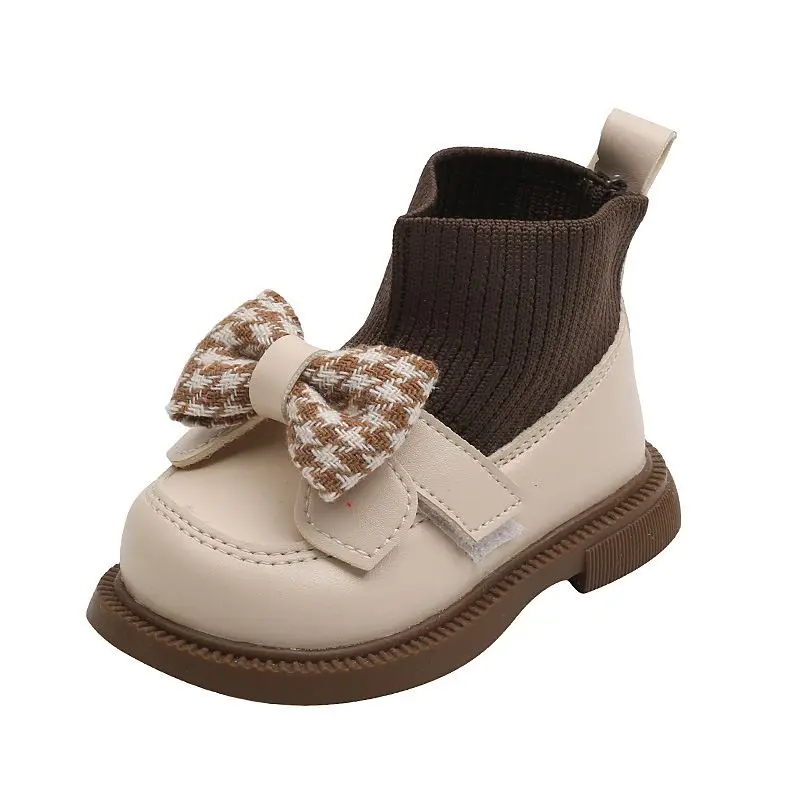 Botas de calcetín para niña pequeña, botines cortos de punto informales con lazo grueso, elegantes y bonitos zapatos de charol para invierno