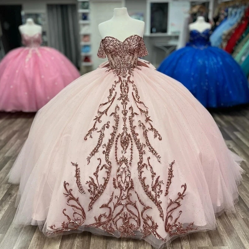 

Light Pink Shiny Off The Shoulder Ball Gown Quinceanera Dresses Ruffles Sequined Appliques Lace Beads Tull Corset Vestidos De 15