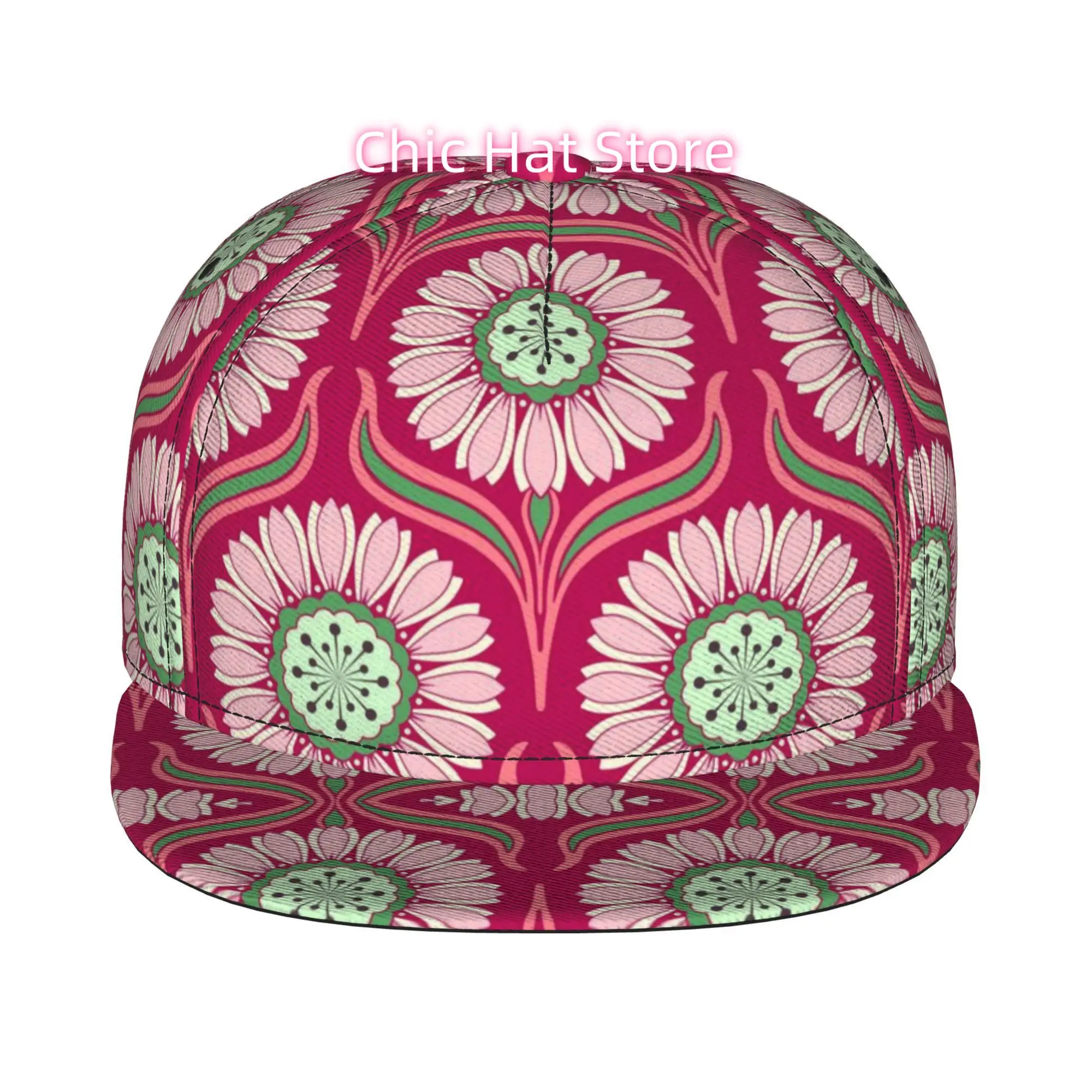 1pc Pink Floral Art Nouveau Pattern Fully Printed Hip-Hop Cap, Stylish Flat-Brimmed Baseball Cap, Trucker Caps, Baseball Caps,