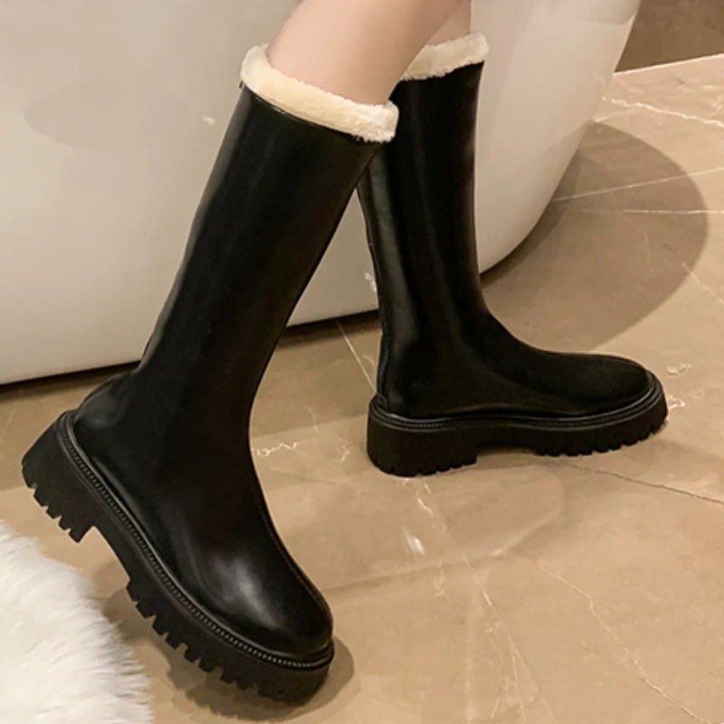 Shoes for Women 2023 New Slip on Women's Boots Winter Plush Warm Round Toe Solid Comfortable Mid Heel Water Proof Shoes Women