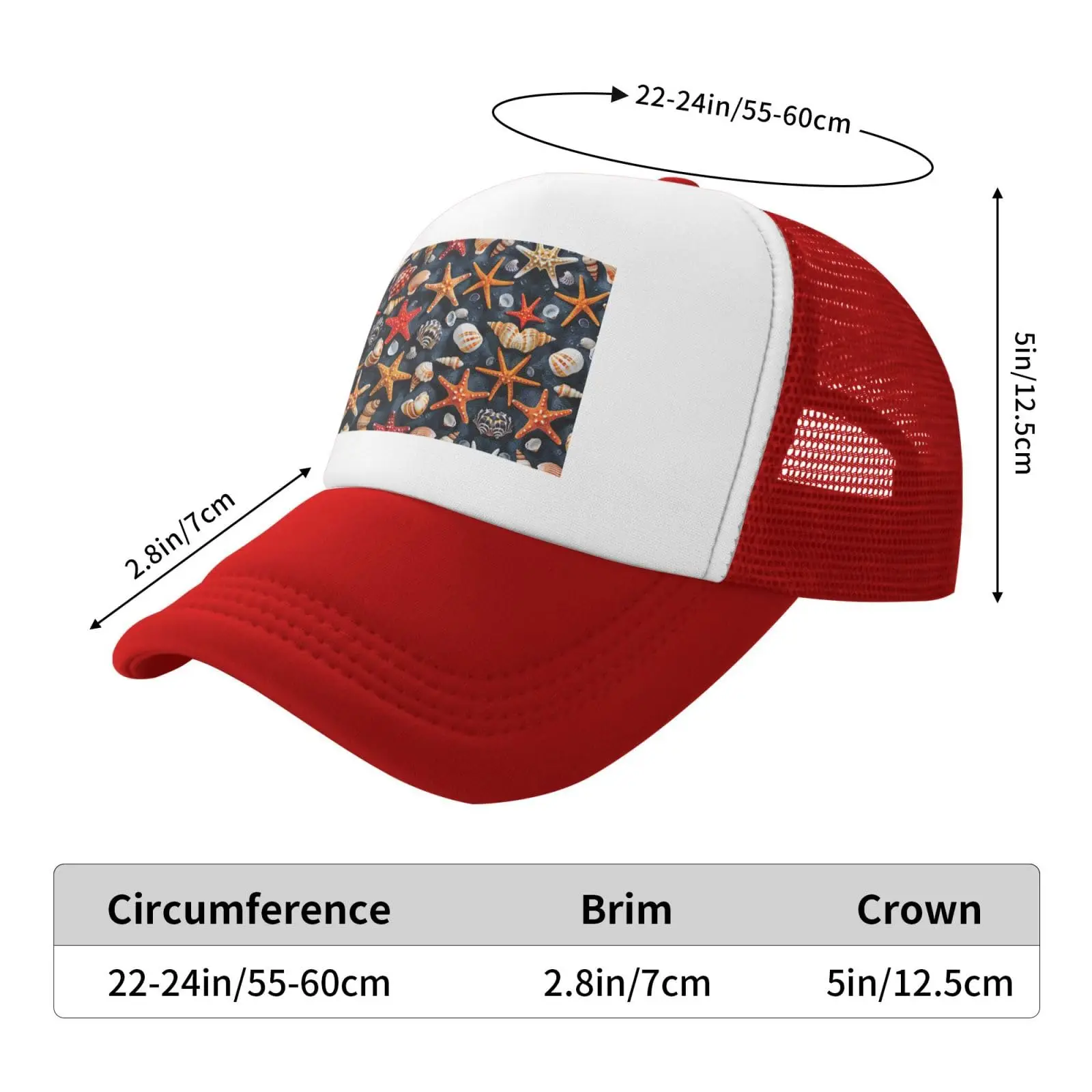 Starfish and Seashell Pattern Baseball Cap Trucker Mesh Hat Adjustable for Men Women Sports Breathable Fashion Daily Travel