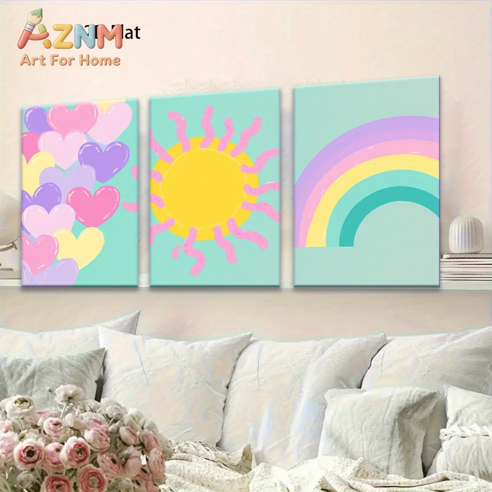 AZNM Cute Rainbow Sun Heart Canvas Wall Art Pastel Color Cartoon Style Frameless Canvas Painting Kids Bedroom Home Decor Art Pos
