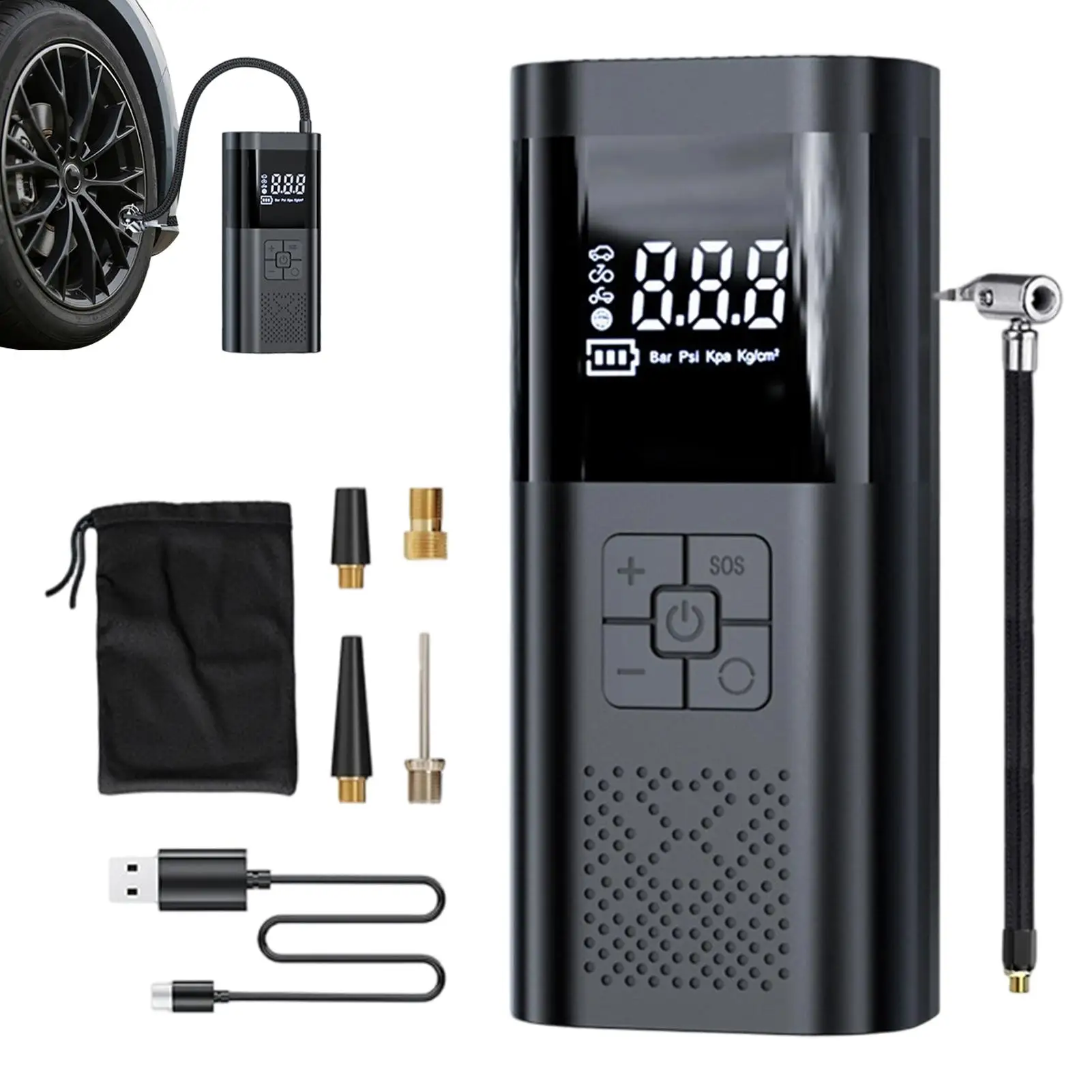 2-in-1 Cordless Digital Tire Inflator Portable Air Compressor for Car Bike Motorcycle Truck Vehicle Travel Road Emergency Home