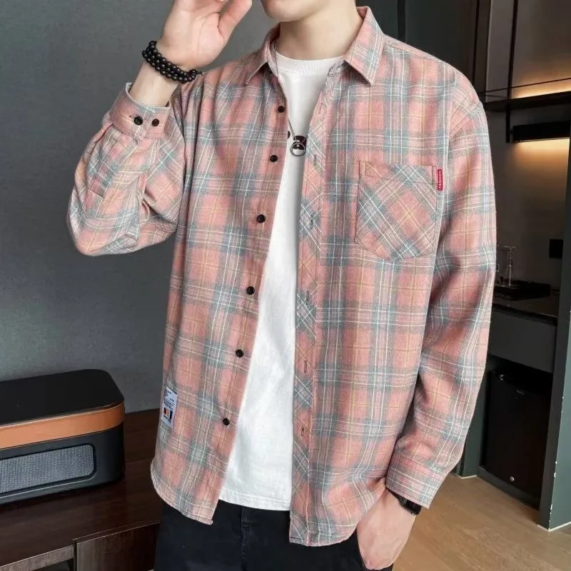 

New Style for Men's Autumn Plaid Loose Long-sleeved Casual Top