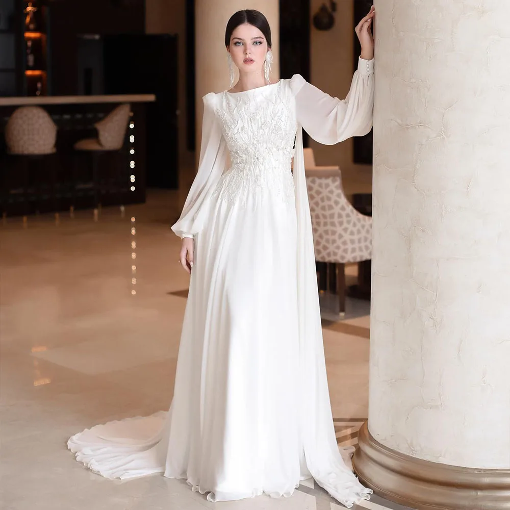 

Elegant Wedding Dresses O-Neck Long Sleeve Cape Civil Bride Dress A Line Chiffon Appliques Garden Beach Bridal Gown Customized