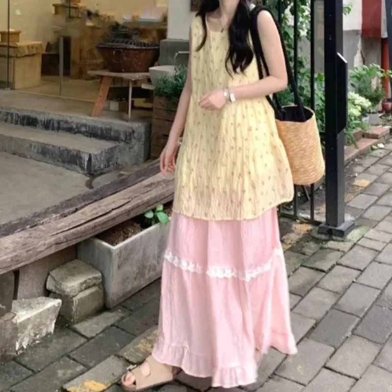 

Midi Dresses Tops&Tees Mini Dresses Set Y2K Summer Korean Top Dresses Summer Dopamine Vacation Sweet Two-piece A-line Suit New