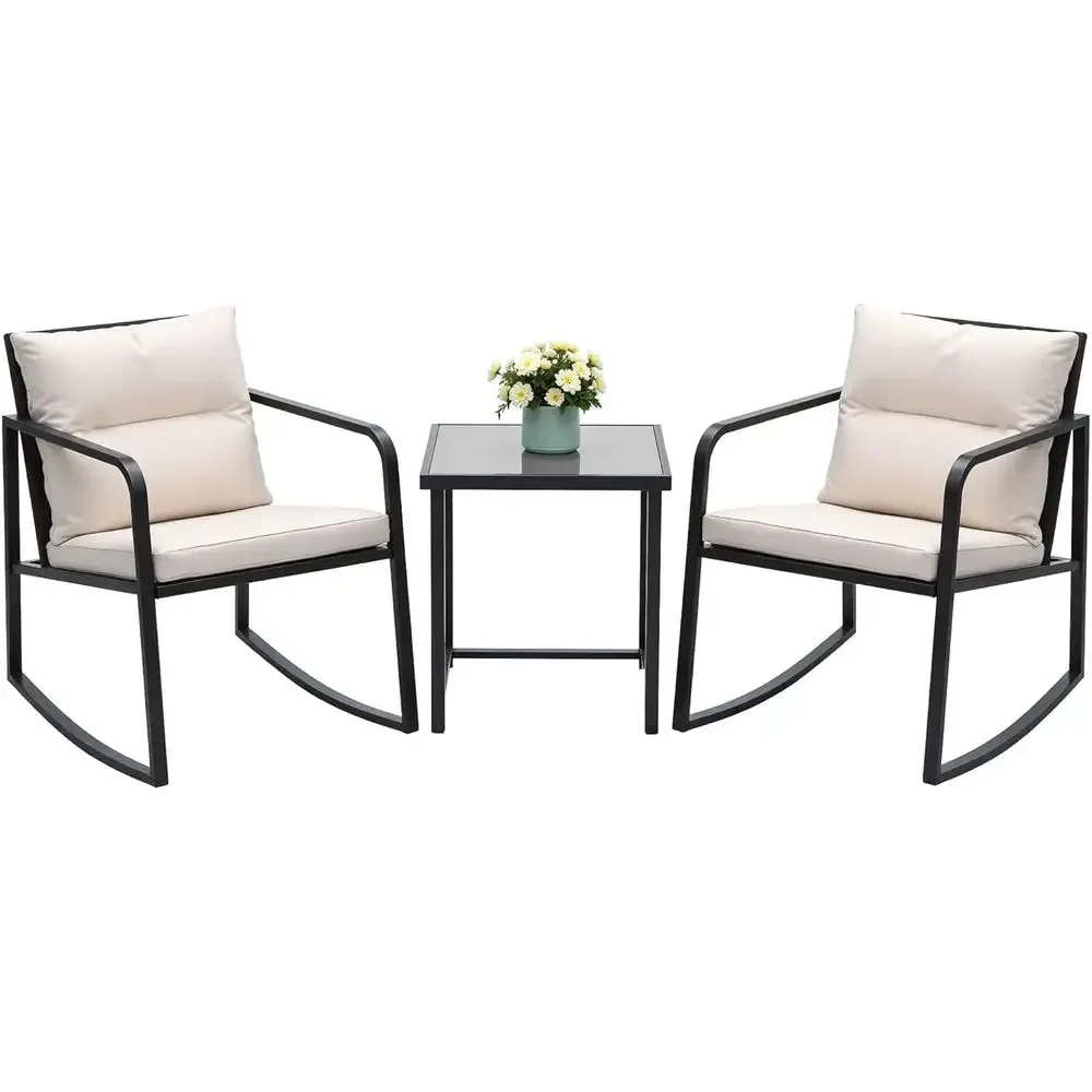3-Piece Wicker Outdoor Bistro Set with Beige Glass Top Table and Chairs