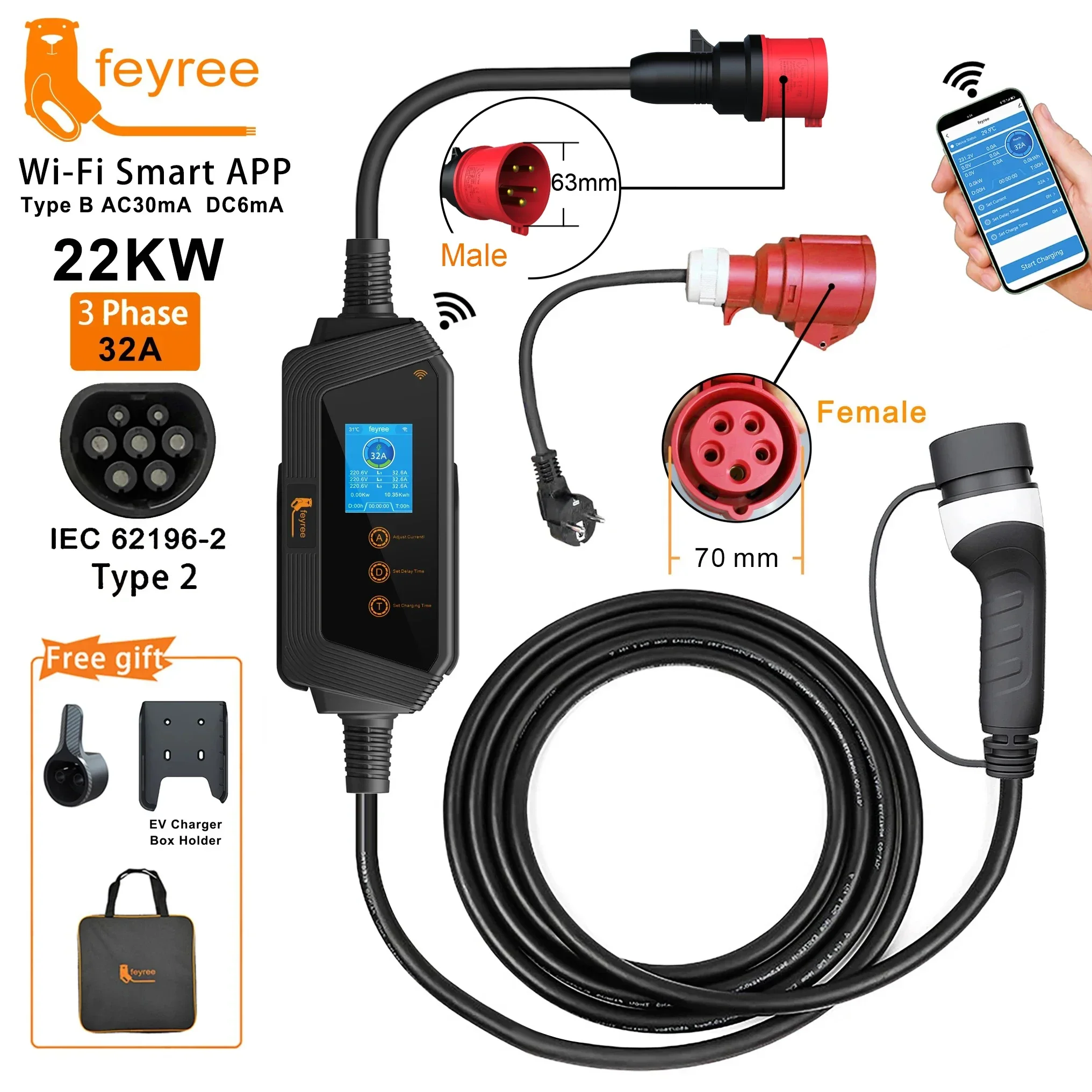 Feyree 22KW 32A 3 fases Type2 cargador EV portátil Wi-Fi APP Control EVSE caja de carga estación de carga para cargador de coche