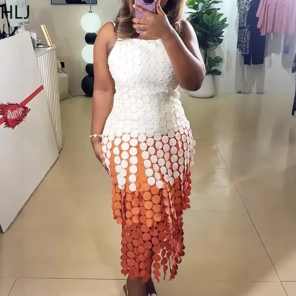 

HLJ Sexy Gradient Color Patchwork Bodycon Dresses Woman Spaghetti Strap Sleeveless Backless Dress Female Streetwear Vestidos