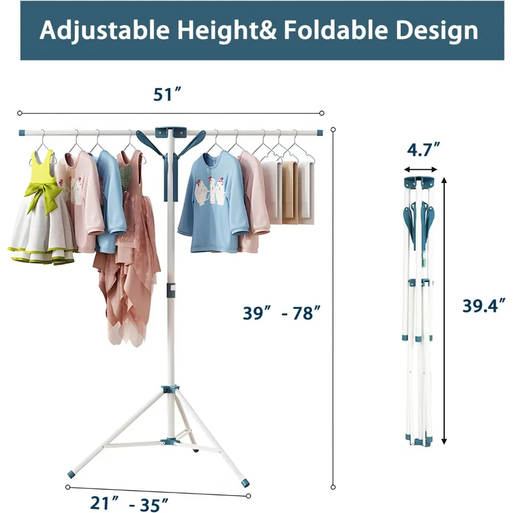 Tripod Clothes Rack Folding Indoors, Portable Clothes Rack and Height Adjustable, Saving Space with 20 Clips