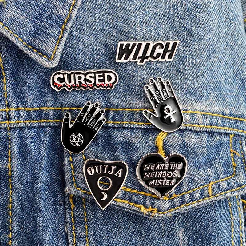 Palm Big Hand OUIJA Heart Denim Jacket Brooch Lapel Pins Black Magic Witch