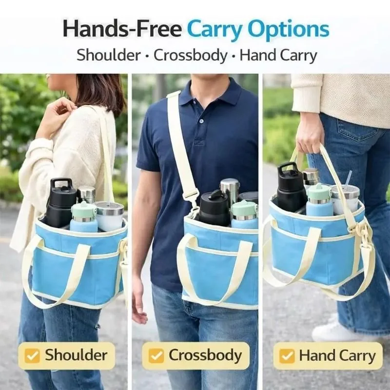 Water Bottle Bag Portable Multi Compartment Adjustable Shoulder Strap Oxford Tote for Travel Picnic Camping Outdoor Baby Feeding
