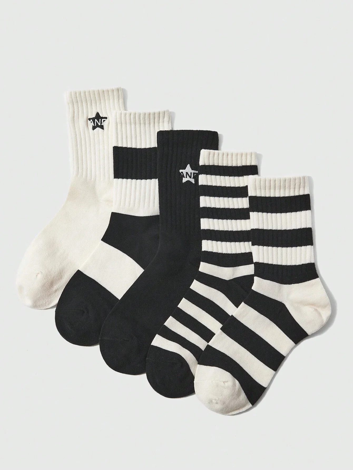 5pairs/Set Black & White Striped Mid-Calf Athletic Socks