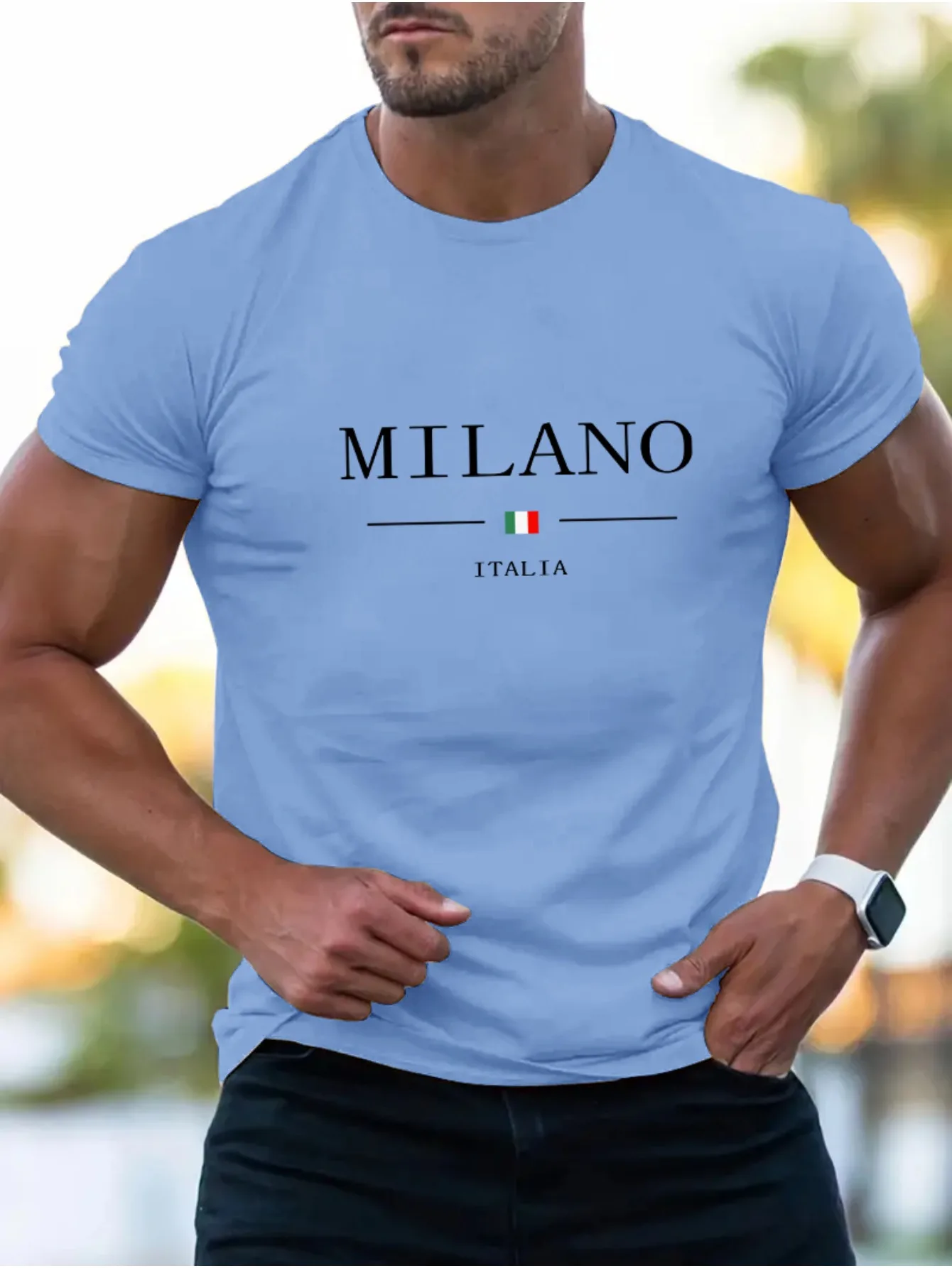Summer men's 100% cotton casual sports loose plus MILANO print comfortable shopping round neck short sleeved T-shirt top image 2