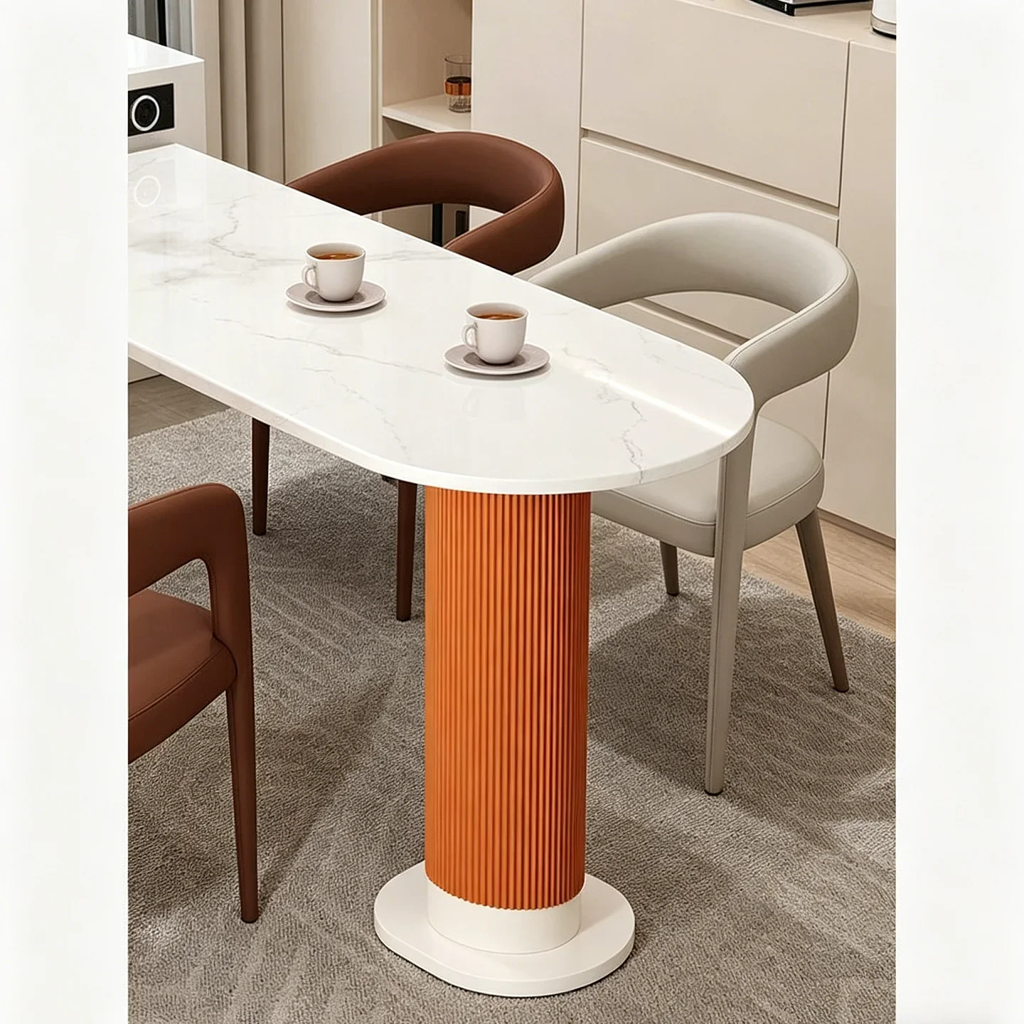 Modern simple white rock slab dining table household small apartment light luxury vertical striped table foot eating table metal