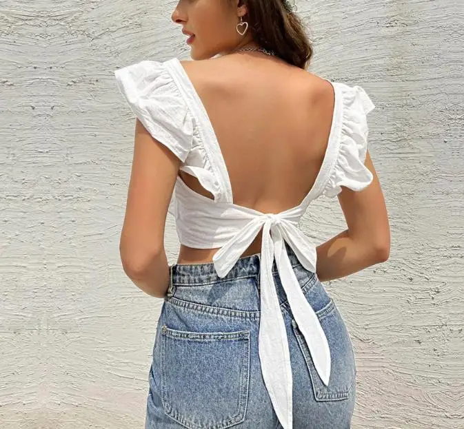 

2026 New Sexy Backless Tank Tops Women's Clothing Strap Lotus Leaf Sleeves Fresh & Sweet Square Neck T-Shirt Vest Sleeveless Top