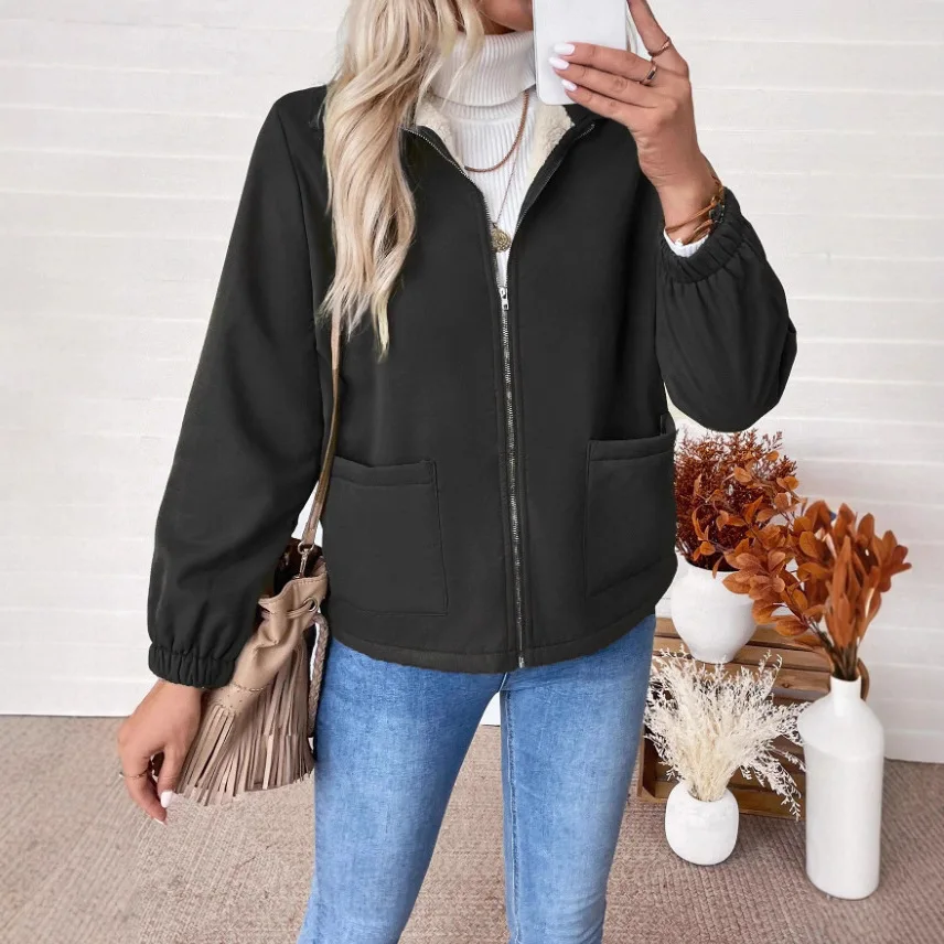 

Autumn and winter female elegance temperament commuter zipper lapel pocket short jacket jacket baseball uniform