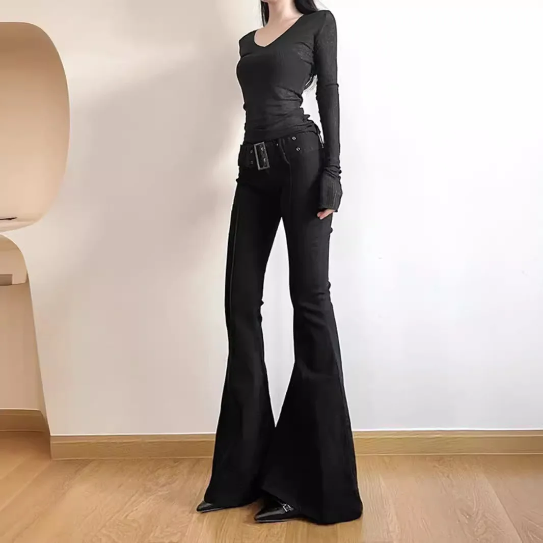 

XIZOU Women's Black Flare Pants Y2k Retro Emo 2000s Streetwear Fashion Trousers Harajuku Wide Yoga Pants 90s Aesthetic Clothes