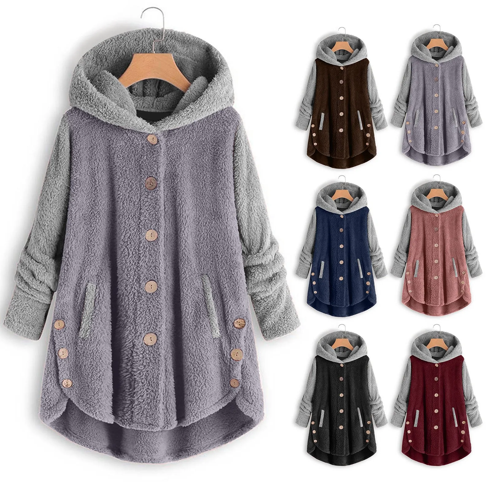 Plus Size 5XL Oversized Jacket for Women Warm Plush Pocket Hooded Winter Coat Casual Color Block Loose Hoodie Tops Outerwear