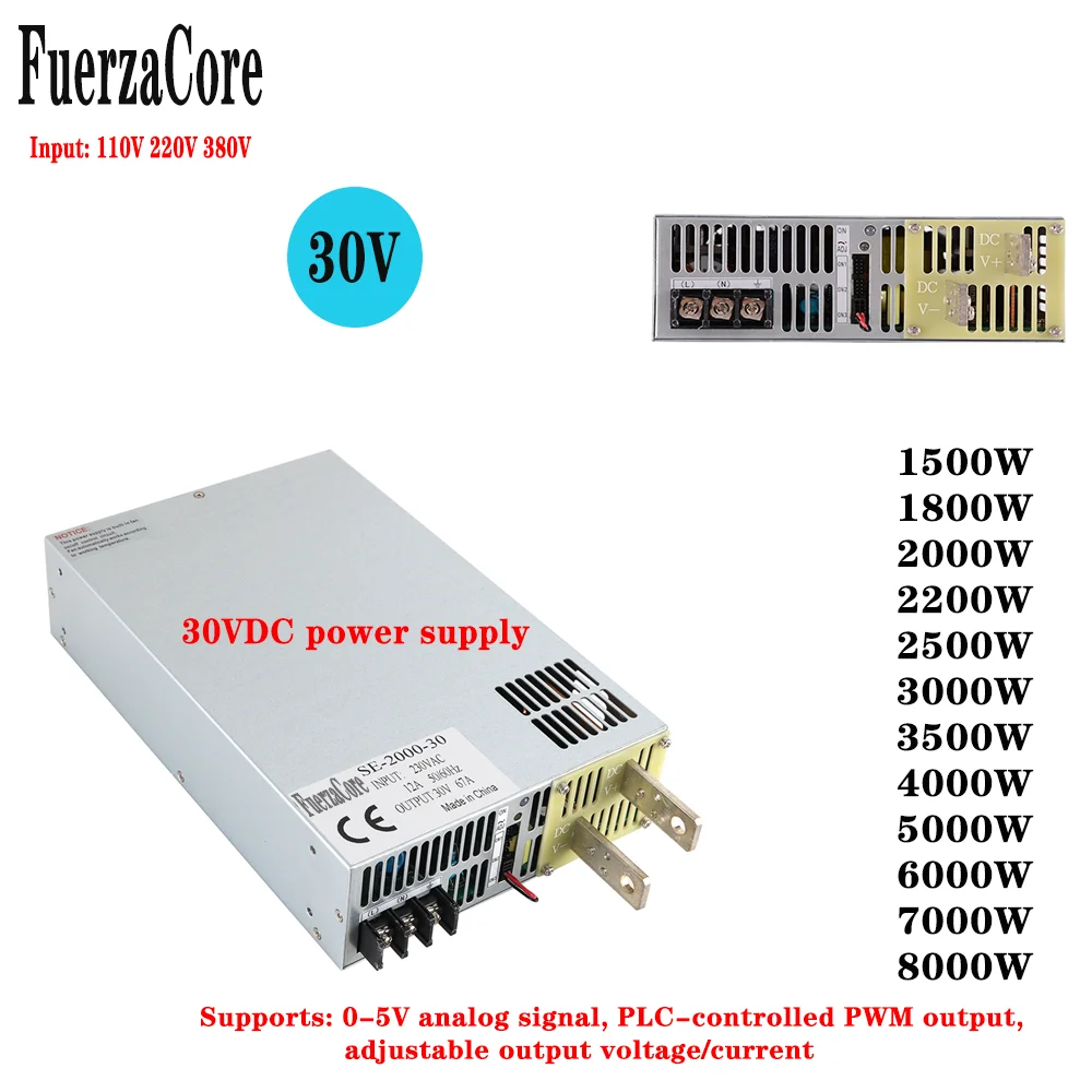 

30VDC adjustable 1500-8000W switching power supply 0-5V analog signal PMW PLC control electroplating battery LED motor solar use