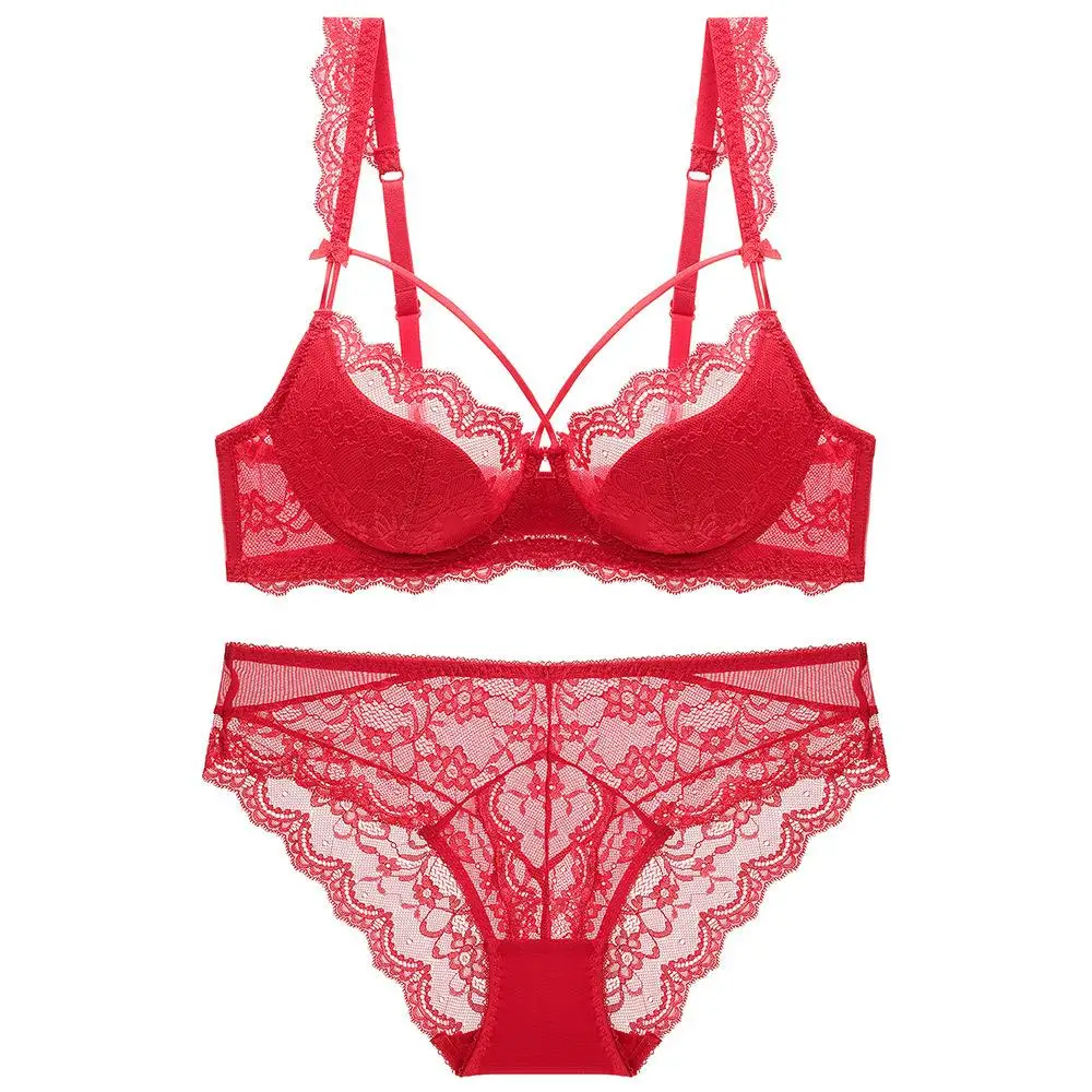 طقم حمالة صدر من الدانتيل الشفاف للنساء، طقم حمالة صدر ولباس داخلي مثير بتغطية كاملة، حمالة صدر أنيقة على الطراز الأوروبي MOYISU Tushy