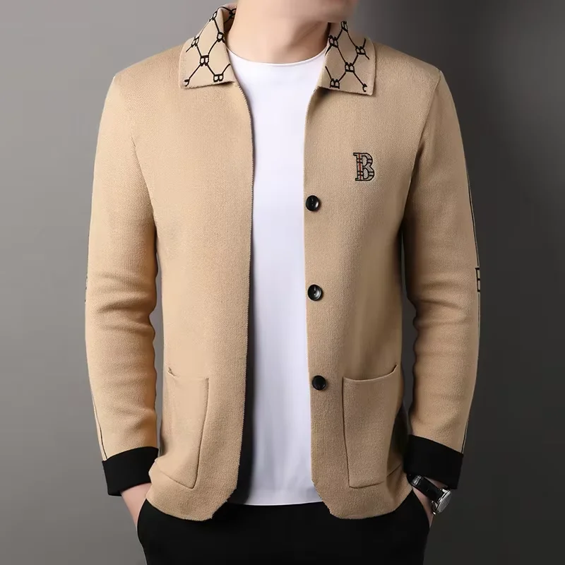 High end brand long sleeved men\'s lapel knitted cardigan autumn winter fashion B letter embroidery design casual  sweater  coat