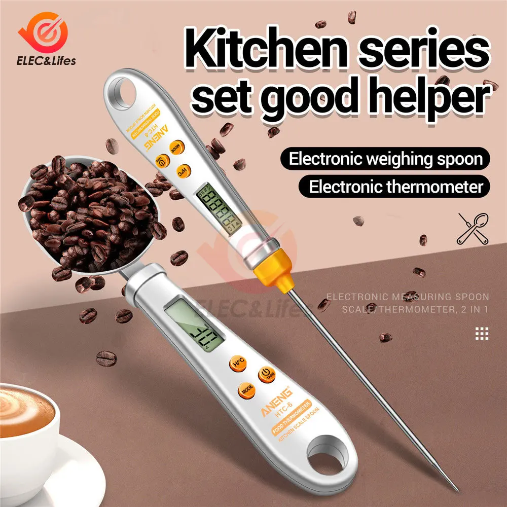 2 in 1 Electronic Kitchen Scale LCD Digital Measuring Food Flour Digital Spoon Coffee Scale Mini Thermometer Kitchen Tool Scale