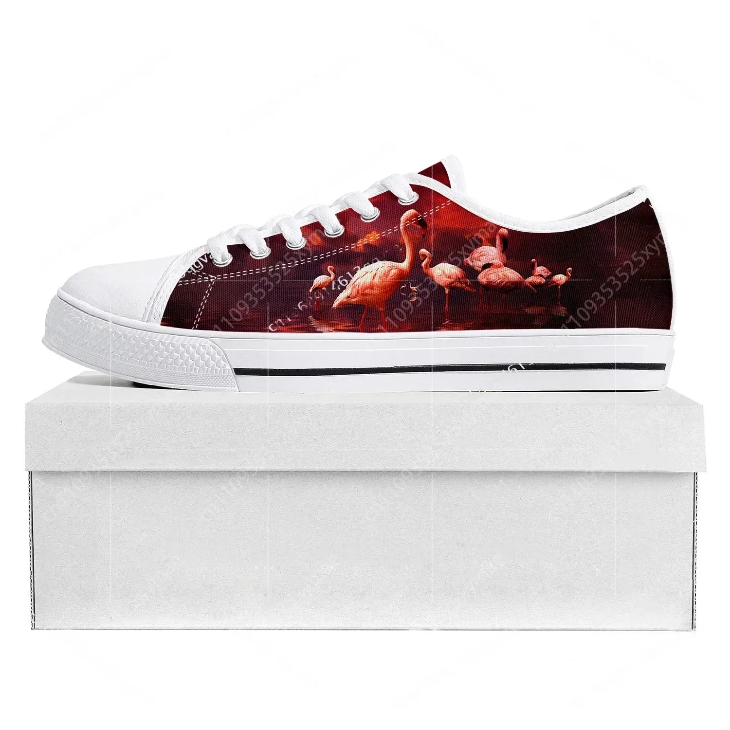 Zapatillas de deporte de alta calidad con estampado de flamencos, zapatillas de lona para hombre y mujer, zapatos informales para parejas, zapatos hechos a medida, color blanco