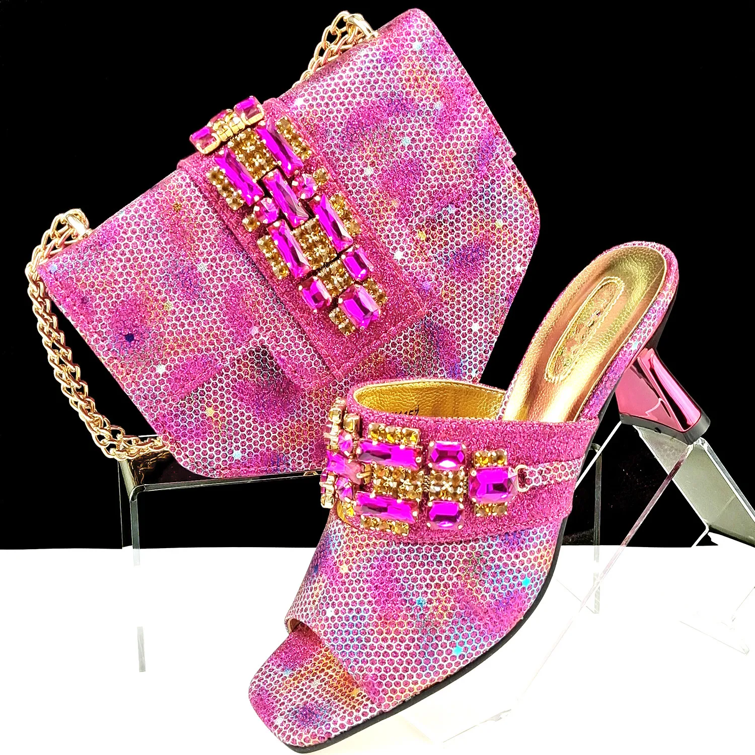 

Gorgeous Fuchsia Women High Heel 6.8CM Shoes Match Crystal Handbag African Pumps And Bag Set MM1157