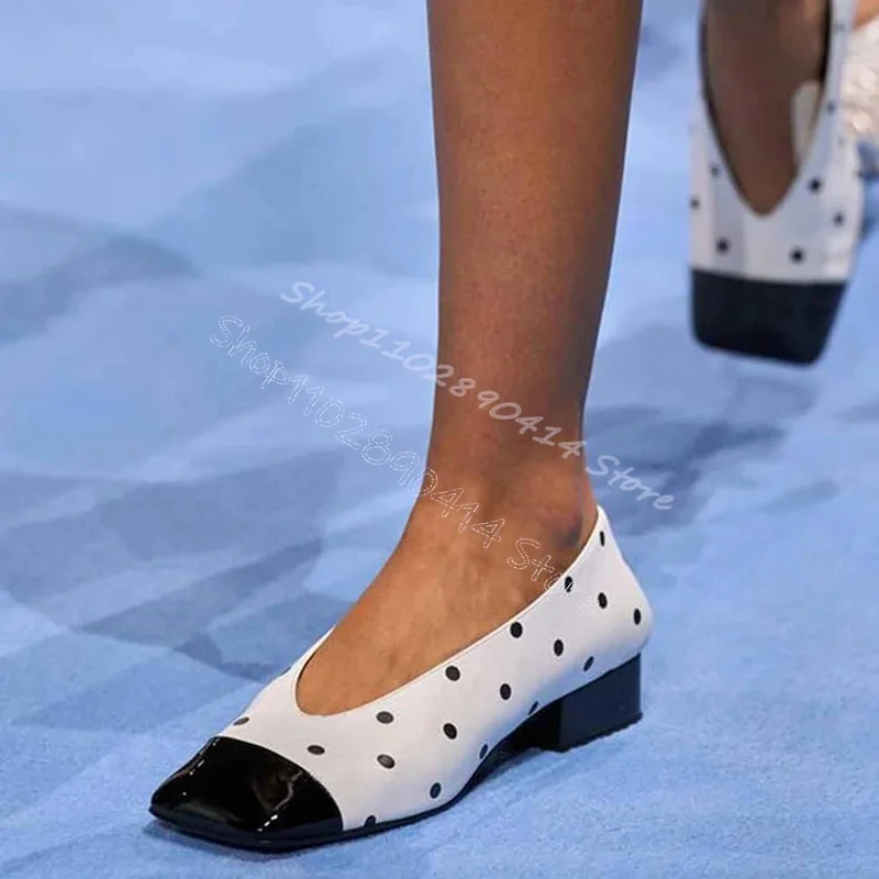 

Black White Wave Point Print Square Toe Pumps Slip On Women Shoes Low Top Fashion Party Banquet Runway 2024 Zapatos Para Mujere