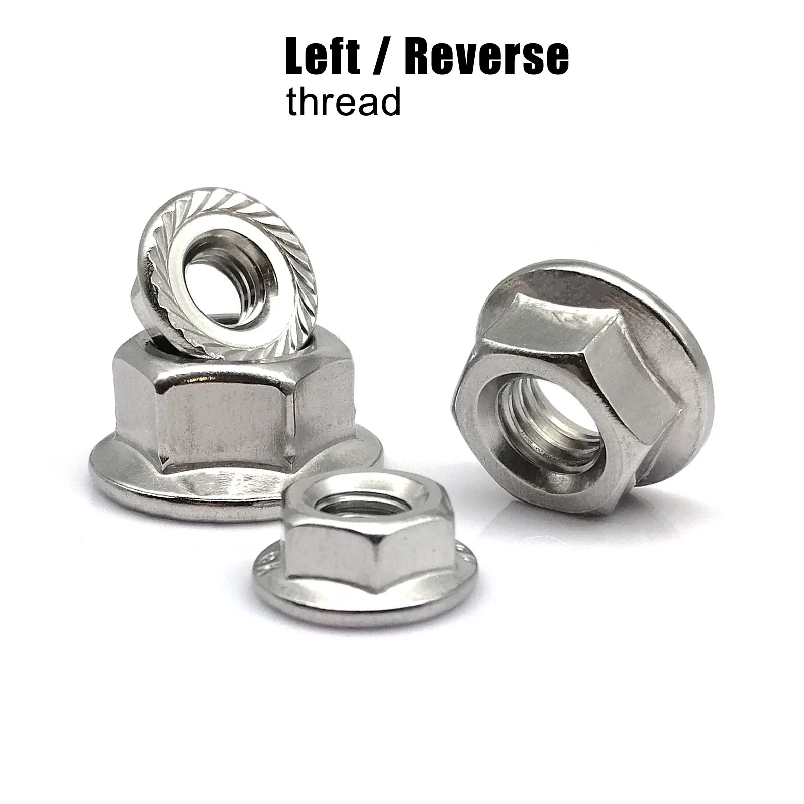 Left Hand Thread M4 M5 M6 M8 M10 M12 DIN6923 304 A2 Stainless Steel Reverse Rotate Hexagon Hex Serrated Lock Spinlock Flange Nut