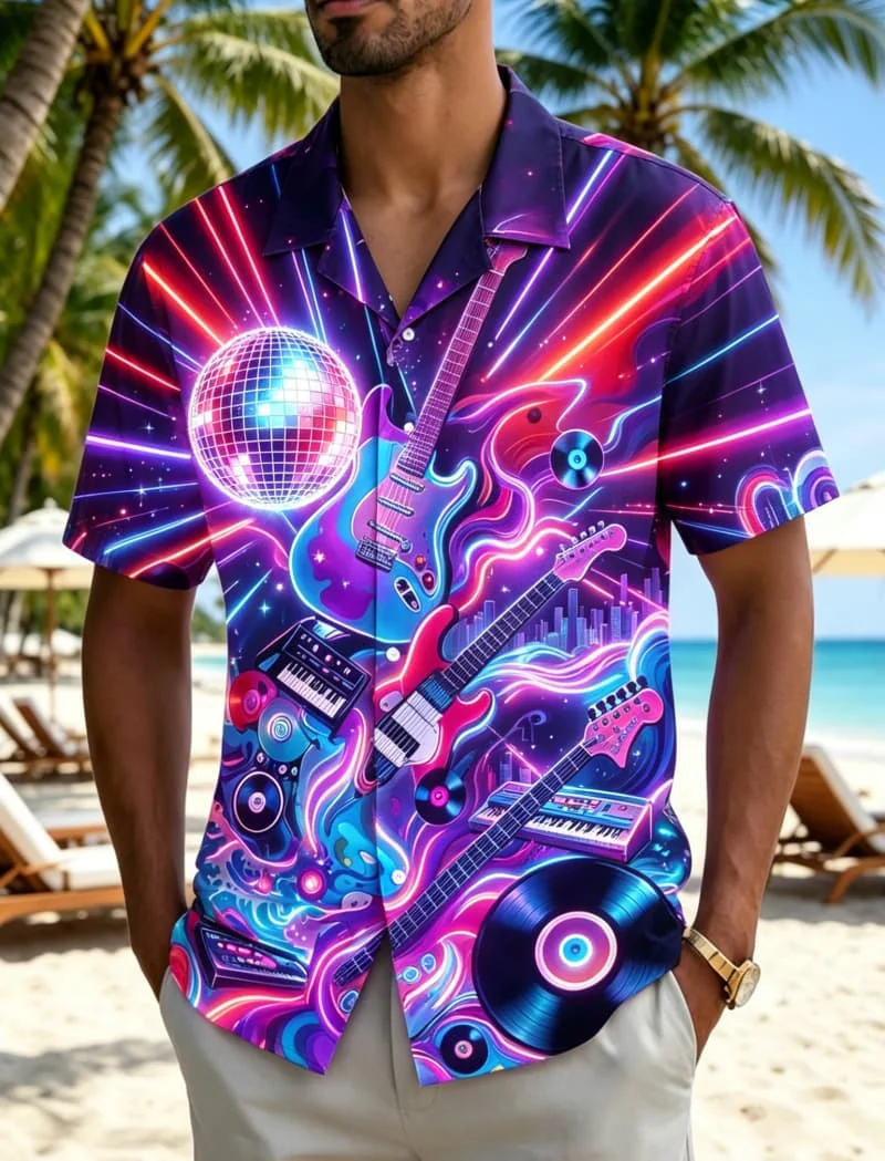 

Men's Vibrant Musical Instrument Print Shirt, Funky Party Style for Summer Holiday, Beach Trips, Daily Outings & Casual Wear