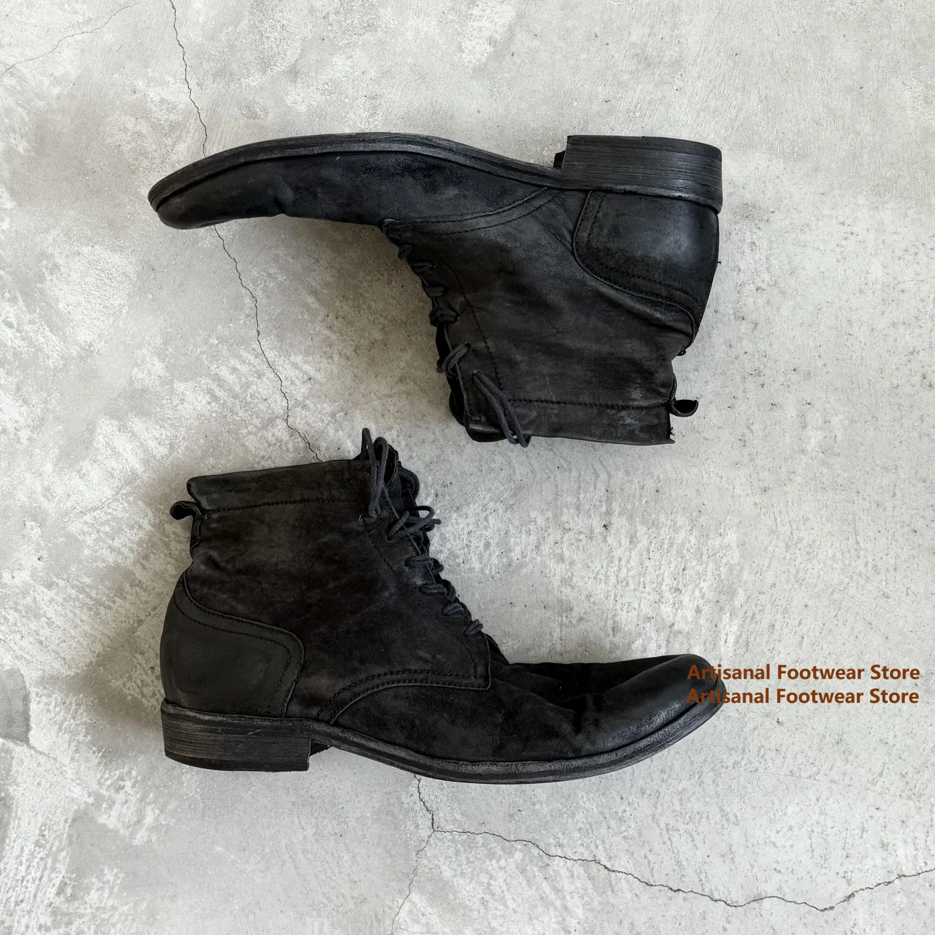 Vintage Soft Leather Casual High Top Men's Boots Black Leather Lace Up Ankle Booties Trendy Handmade Luxury Men's Shoes image 4