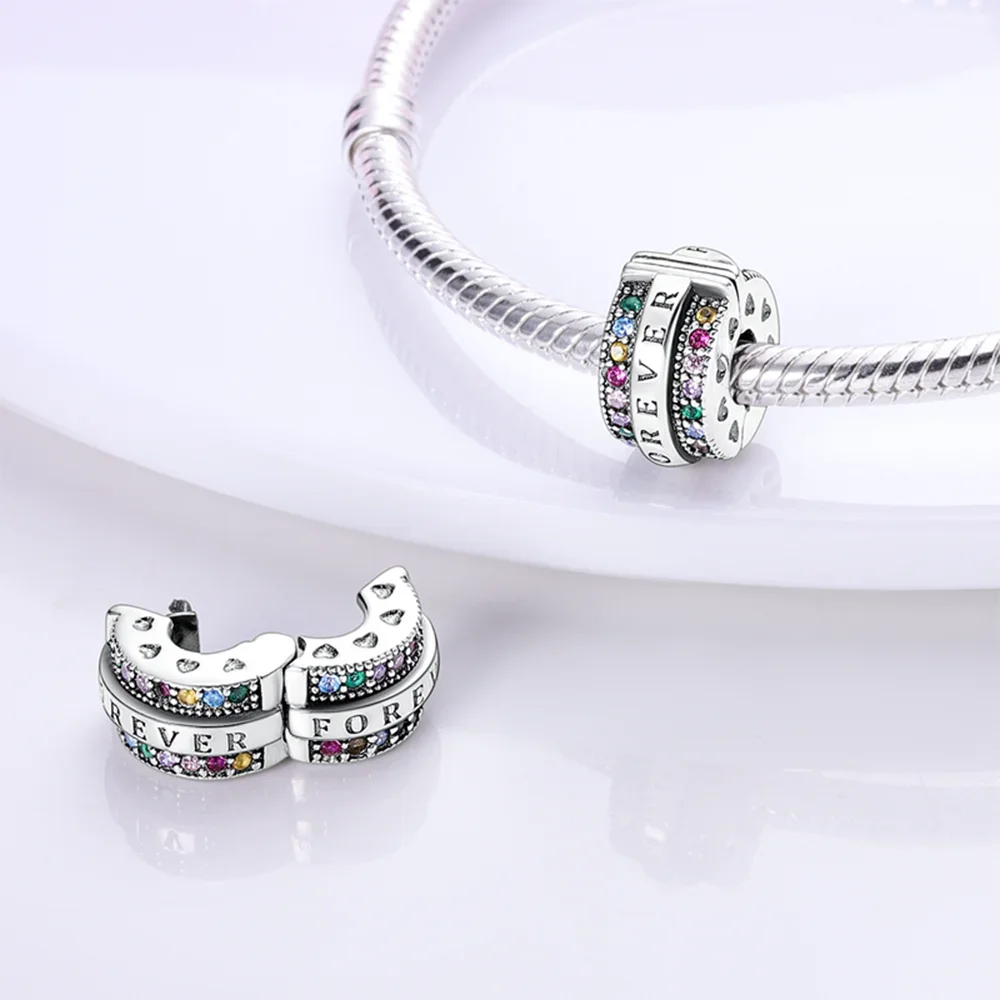 Sterling Silver 925 Colored Zircon Paving Notes Cross Feather Clip Charms Spacer Beads for Women Original Bracelet Jewelry Gift
