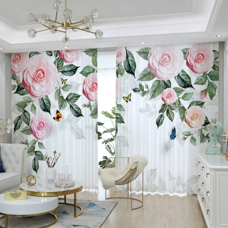 2pcs Flower Butterfly Printed Voile Curtain Cloth Curtain Real Shoot Curtain for Girls Living Room Floor-to-ceiling Window