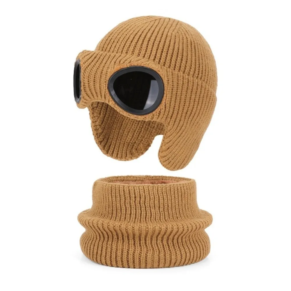 2Pcs/Set Fashion Winter Skiing Hat Scarf Set Warm Lining Children Knitted Beanie Cap Thicken Soft Skiing Bonnet