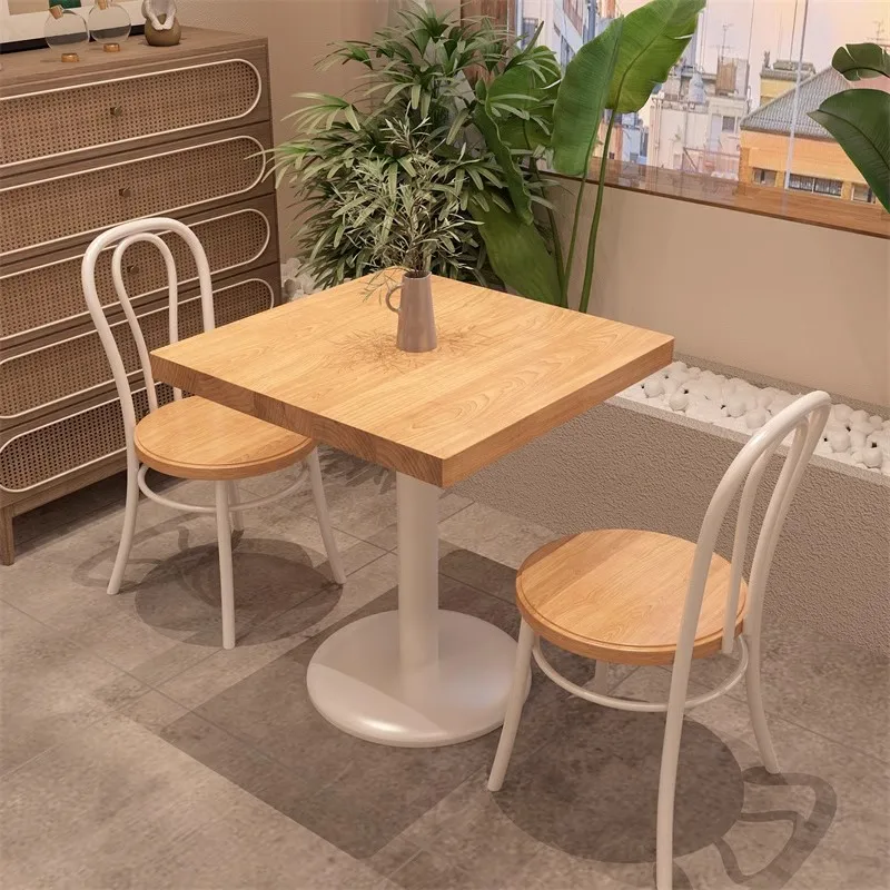 Restaurant hotel solid wood square table milk tea dessert shop rectangular dining table casual snack bar table and chair combina
