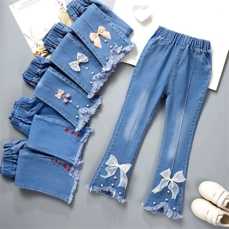 Autumn Girls Jeans Fashion Bow Elastic Waistline Denim Flared Pants Solid Color Trousers Teenager Spring Kid Girl Clothes 1-12 Y