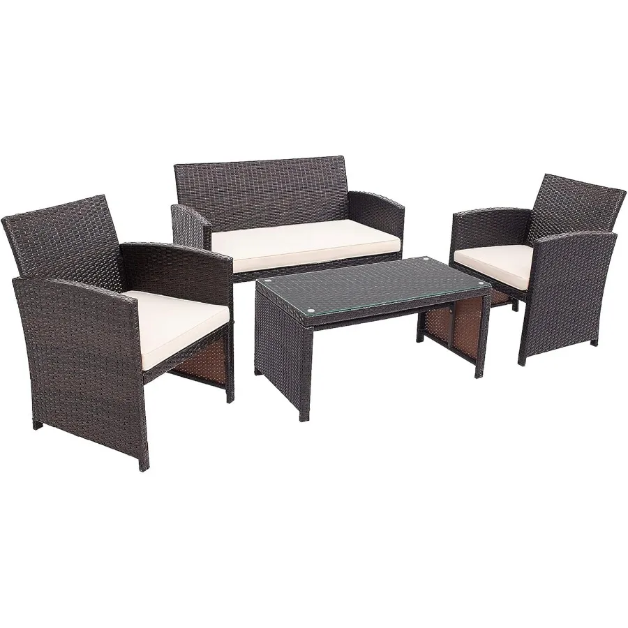 

4 Pieces Wicker Patio Furniture Set Outdoor PE Rattan Conversation Set with Chairs Loveseat Coffee Table Cushions for Poolside