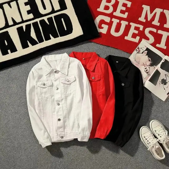 

Молодежная мужская джинсовая куртка белого цвета в корейском стиле, с длинными рукавами, рабочая одежда, весенне-осеннее модное повседневное пальто однотонного цвета