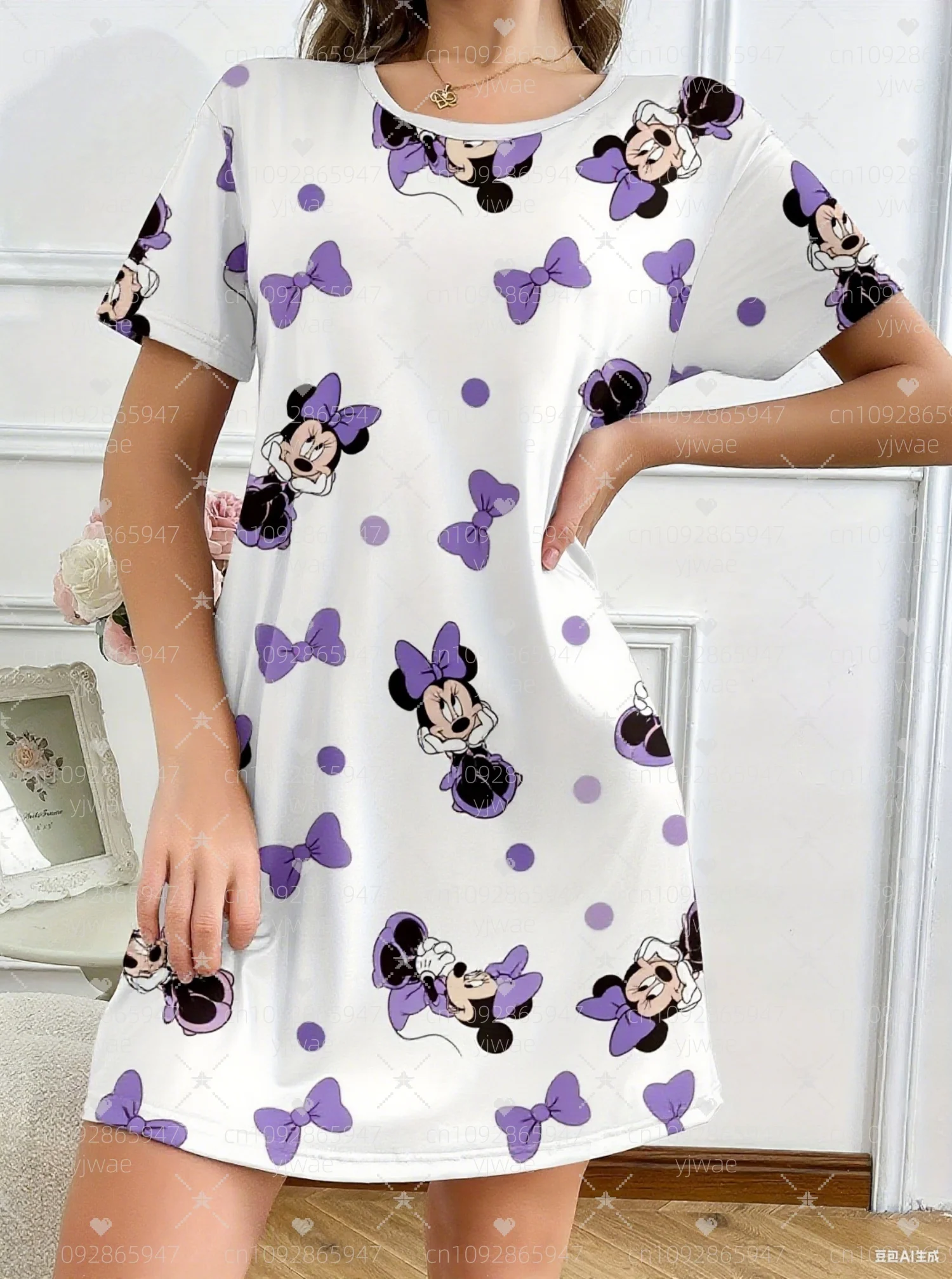 Summer women's Cute Minnie print  T-Shirt sleep Dress Loose Casual  O-Neck Lady Short Sleeve Pullover Dresses Women Clothing