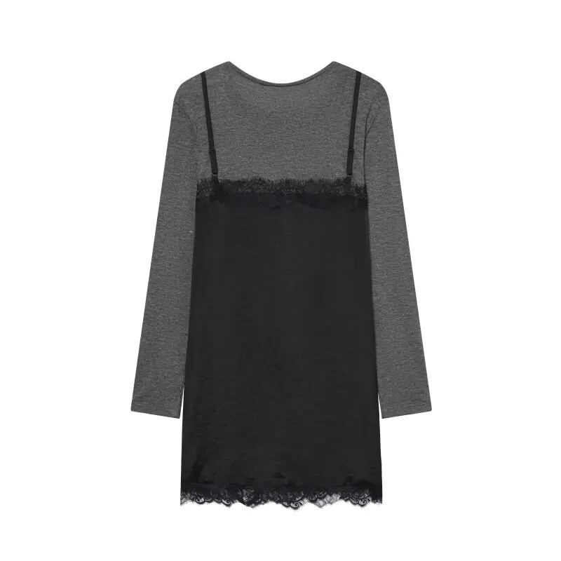 Outono feminino falso duas peças em camadas em torno do pescoço vestido de manga longa casual uso diário roupa de trabalho de escritório outono moda