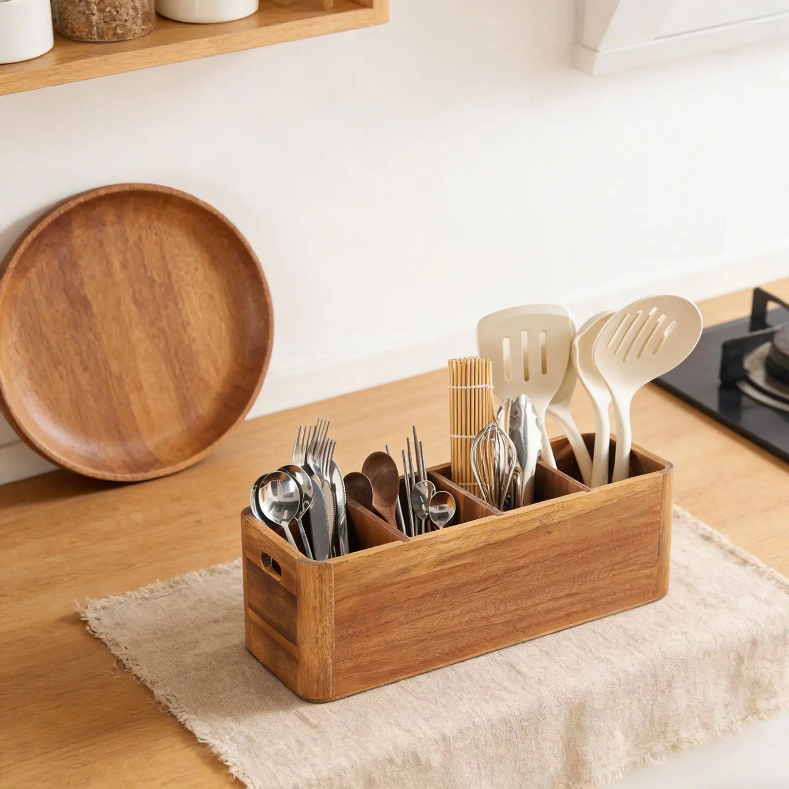 Multi Compartment Wood Kitchen Utensil Holder Cutlery Storage Crock for Home Cooking Spoon Chopsticks Organizer