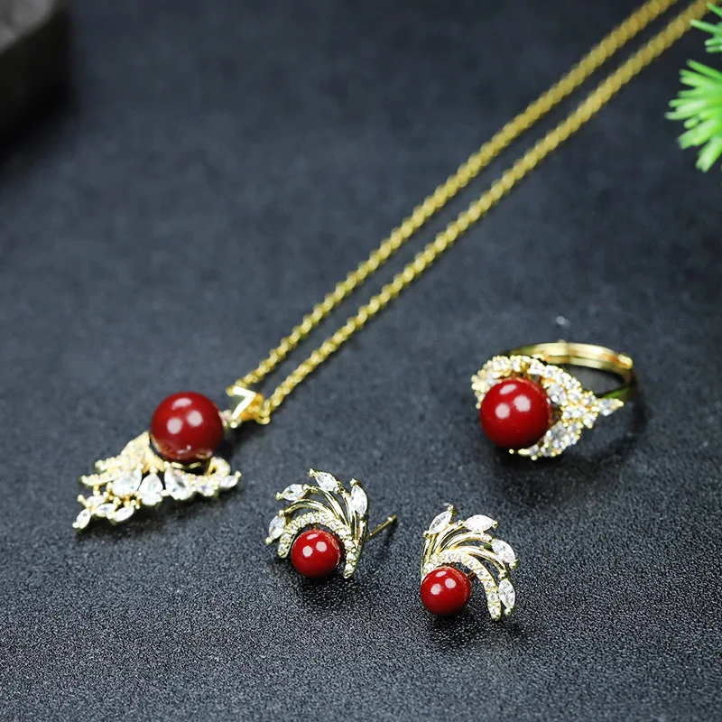 Vermilion Pendant Inlaid with Phoenix Tail Necklace, Earrings, Rings, and A 3-piece Birthday Gift Set for Women