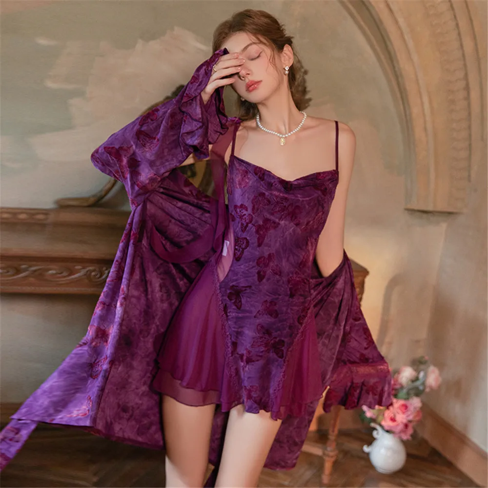 

Sexy Print 2PCS Nighty Robe Set Nightgown Bathrobe Night Dress Summer Silk Satin Sleepwear Homewear