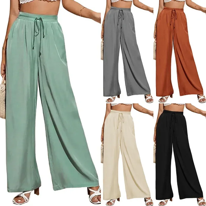 

Women's High Waist Casual Pants, Solid Elastic Waist Lace Loose Wide Leg Pants, European and American Summer, New